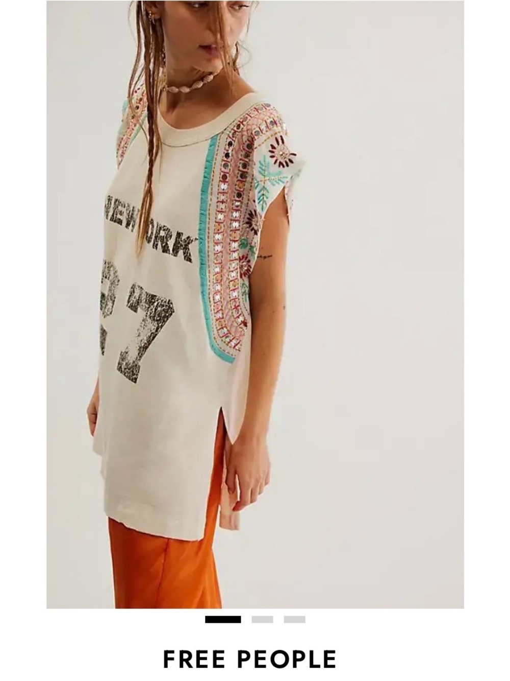 Free People Cream Embroidered Graphic Tank with Teal Accents